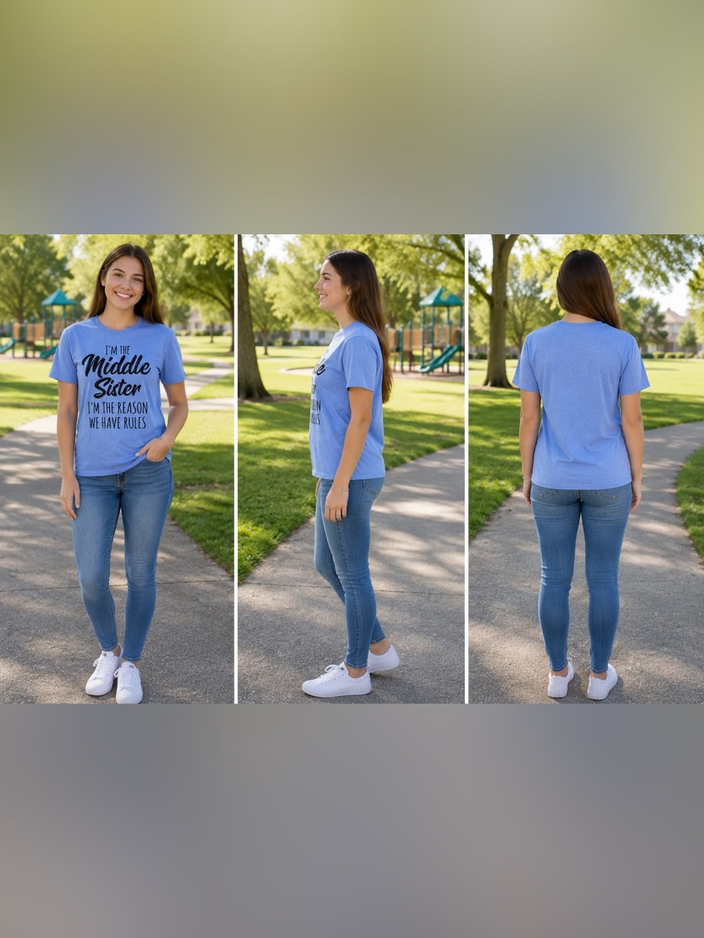 Funny Middle Sister Graphic Tee Blue Short Sleeve Family Humor Unisex Shirt | M